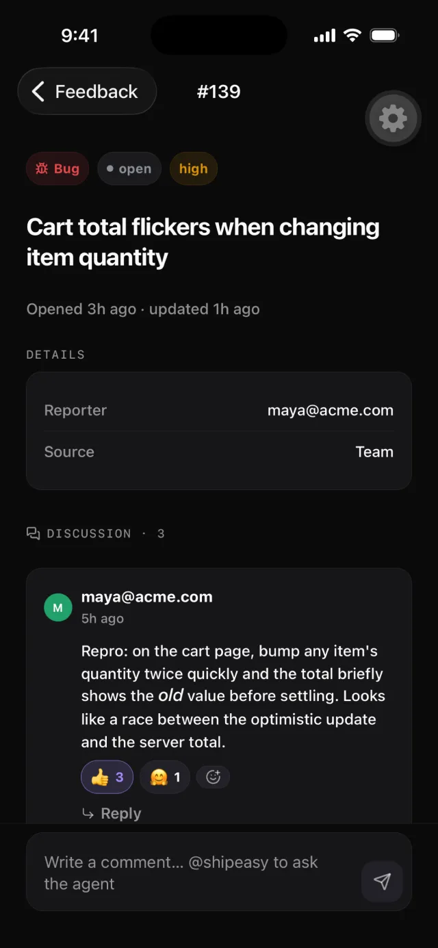 An issue detail screen: the full report above a discussion thread with replies and reactions