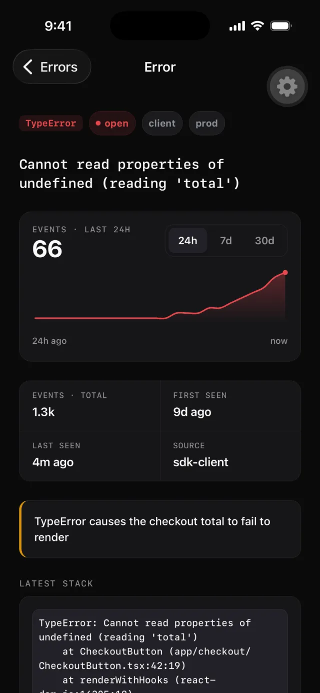 An error detail screen: the occurrence chart over time above the captured stack trace