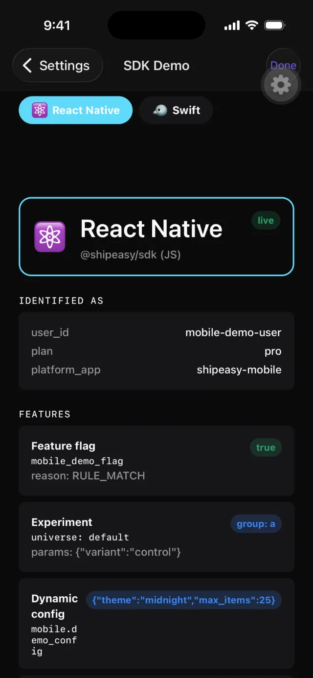The built-in SDK demo screen reading the same flags through the React Native and native Swift SDKs side by side